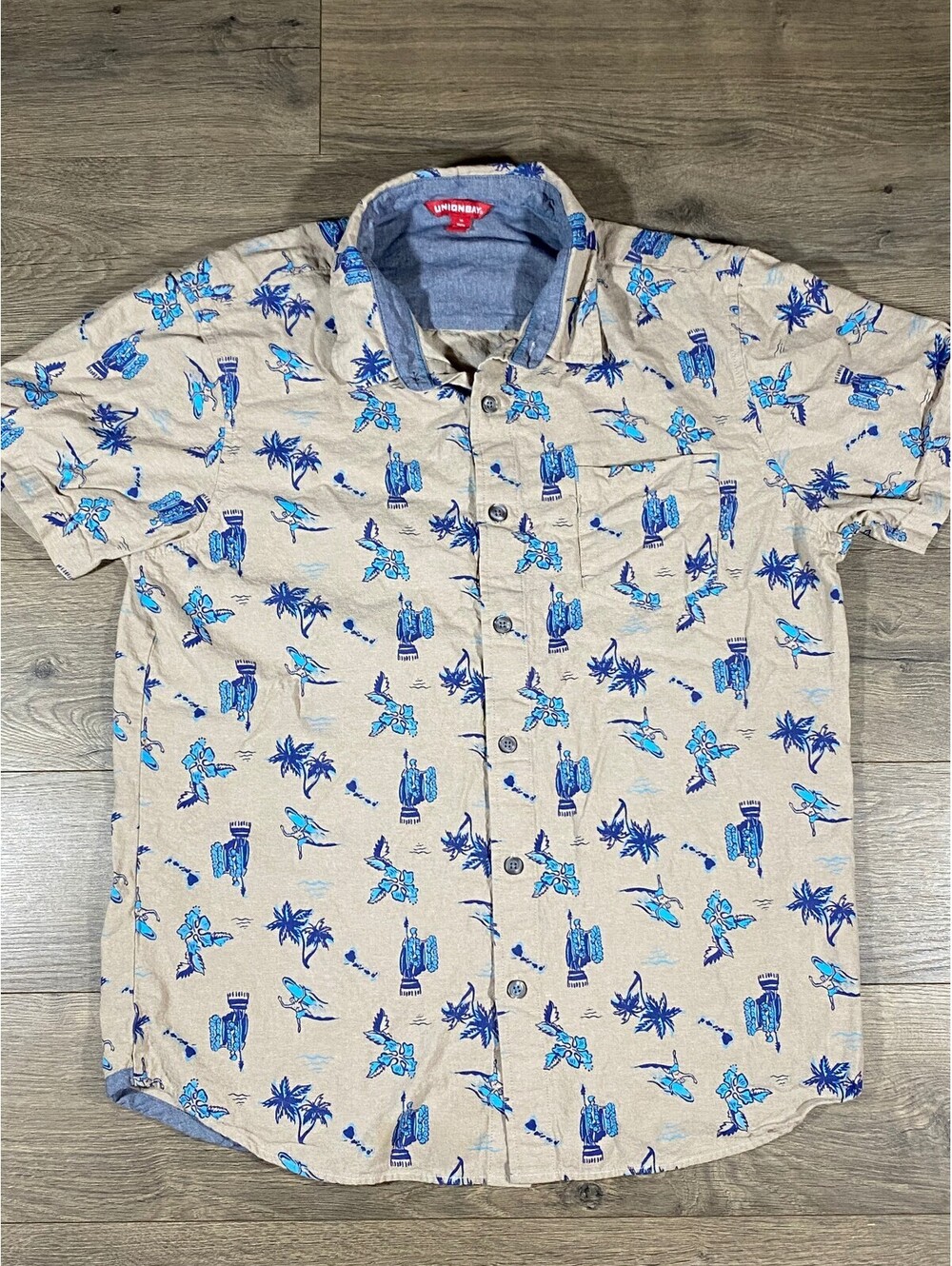 UNIONBAY Hawaiian Shirt Mens M Beige Blue Tropical Palm Short Sleeve Button Up
